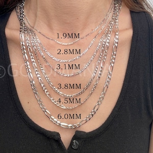 14K Solid White Gold Figaro Chain Necklace, 1.3mm - 6.0mm Thick, 16&quot;-24&quot; Inch, Real Gold Chain, Flat Link Chain, Women Men