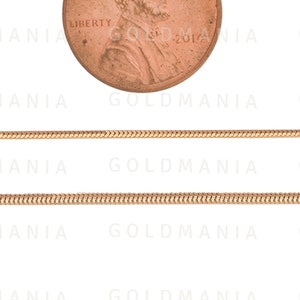 May include: A gold snake chain necklace with a shiny finish. The chain is shown next to a US penny for size comparison.