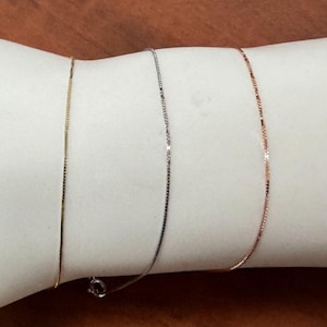 14K Solid Gold Thin Box Chain Bracelet: Dainty Yellow, White, Rose Gold