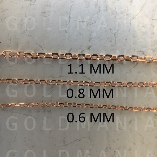 14K Solid Rose Gold Diamond Cut Oval Link Chain Necklace, 16" 18" 20"Inch, 0.6mm 0.8mm 1.1mm Thick, Real Gold Chain, Thin Gold Chain, Women