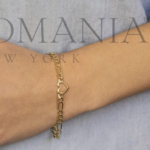 14K Yellow Gold Figaro Heart Chain Bracelet 7 Inch Real Gold