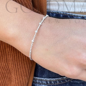 14K White Gold Diamond Beaded Bracelet, Dainty, Lightweight and Stackable, Real Gold and Natural Diamonds, 0.15 CT Total Weight, Women