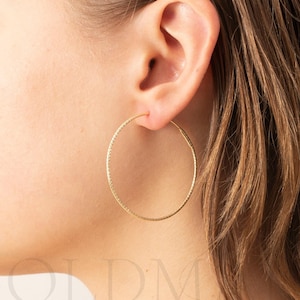 14K Yellow Gold Textured Endless Hoops: Thin Real Gold Earrings