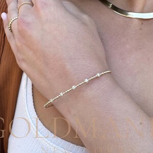 14K Gold Diamond Beaded Bangle Bracelet, Real Gold Bracelet for Women, Natural Diamonds, Dainty Diamond Jewelry, 0.15 CT Total Weight