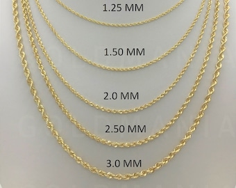 Solid 14K Yellow Gold Rope Chain Necklace, 16-30", 1.25mm To 3mm Thick, Real Gold Chain, Twisted Rope Chain, Twist Rope Chain, Women Men