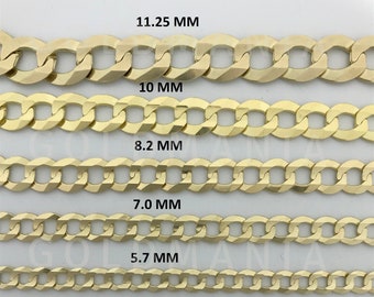 14K Solid Yellow Gold Curb Link Chain Necklace, 16" To 30", 2.60mm To 12.25mm Thick, Real Gold Chain, Flat Link Chain, Women Men