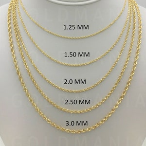 Solid 14K Yellow Gold Rope Chain Necklace, 16-30", 1.25mm To 3mm Thick, Real Gold Chain, Twisted Rope Chain, Twist Rope Chain, Women Men