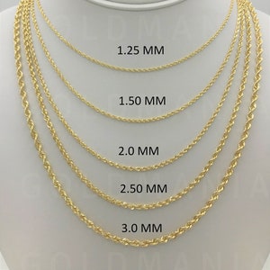 Solid 14K Yellow Gold Rope Chain Necklace, 16-30&quot;, 1.25mm To 3mm Thick, Real Gold Chain, Twisted Rope Chain, Twist Rope Chain, Women Men