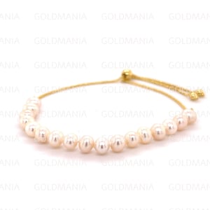 14K Yellow Gold Pearl Bracelet, 9.25&quot; Adjustable, Real Gold Bracelet, Pearl Bolo Bracelet, Pearl Friendship Bracelet, Women Gold Bracelet