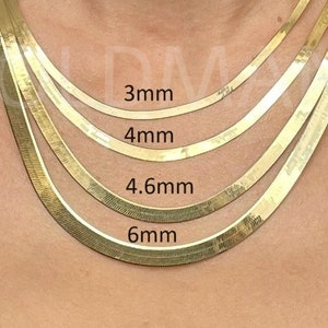 14K Solid Yellow Gold Herringbone Necklace, Real Gold Flat Chain For Women, 14&quot; to 24&quot; , 3mm to 6mm Wide, Thin to Bold Liquid Gold Chain