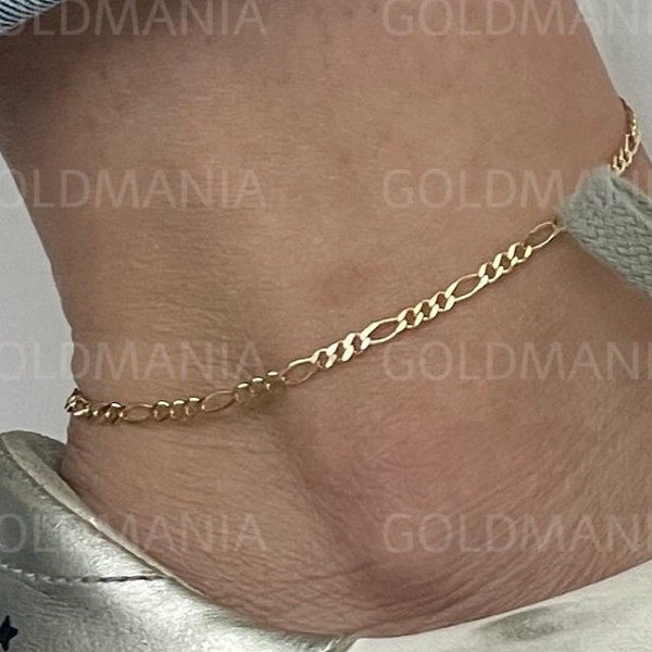 14K Solid Gold Figaro Anklet, 10" Inch, 2.6mm Thick, Real Gold Anklet, Thin Gold Anklet, For Women, Ankle Jewelry, Ankle Bracelet