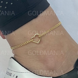 14K Yellow Gold Heart Anklet For Women, 10" Inch, Real Gold Anklet, Open Heart Anklet, 14K Ankle Bracelet, 14K Ankle Jewelry, Anklet Heart