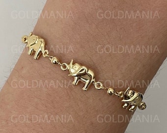 14K Yellow Gold Elephant Charm Station Bracelet, 9.25" Adjustable, Real Gold Bracelet, Elephant Bolo Bracelet, Elephant Friendship Bracelet