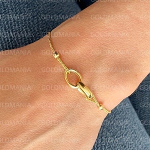 14K Yellow Gold Interlocking Rings Friendship Bracelet 9.25" Inch Adjustable, Real Gold Bracelet, Women