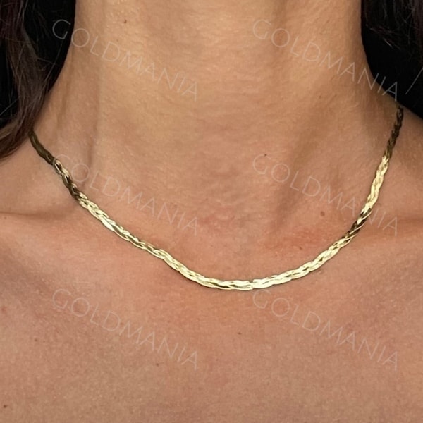 14K massives Gelbgold geflochtene Serpentinenkette, 3,2 mm dick, 16" 18" 20" Zoll, echte Goldkette, Serpentina, Damen