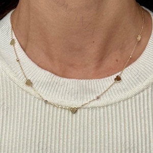 14K Solid Gold Heart Station Necklace, Real Gold Chain, 16&quot;