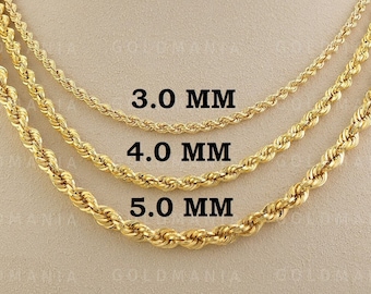 14K Yellow Gold Chunky Rope Chain Necklace: Real Gold (3mm-5mm)