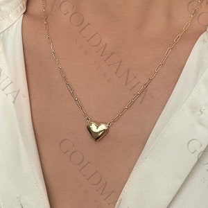 Heart Necklace, 14K Gold Heart Necklace, Heart Paperclip Necklace, Puffed Heart Necklace, Real Gold Necklace, Heart Chain Necklace