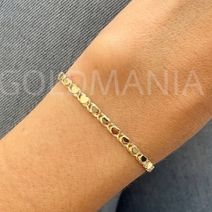 14K Solid Yellow Gold Heart Link Chain Bracelet, 7&quot; Inch, 3.3mm Thick, Real Gold Bracelet, Heart Bracelet, Ladies Bracelet, Women Bracelet