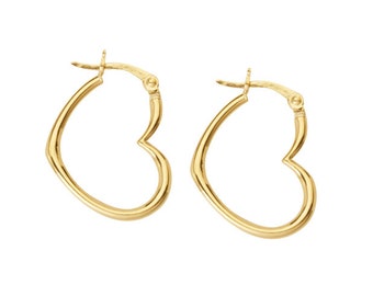 18K Yellow Gold Blue Enamel Heart Hoop Earrings 15mm