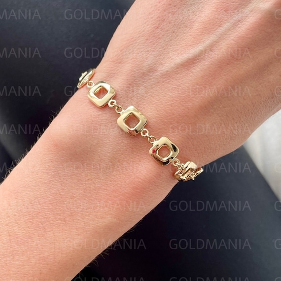14K Yellow Gold Square Link Chain Bracelet 7.50 Inch 9mm Thick