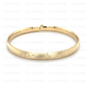 14K Gold Bangle Bracelet, Floral Motif Bangle, Wheat Etched Bangle, Real Gold Bangle, 6mm Thick, 7&quot; 8&quot;, Domed Bangle, Round Bangle, Women