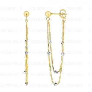 Two Tone 14K Gold Chain Earrings, 14K Drop Earrings, Drop Chain Earrings, Real Gold Earrings, Yellow Gold Earrings, Beaded Earrings