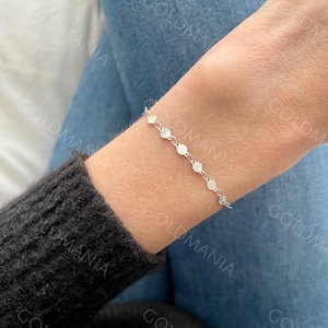 14K White Gold Round Mirror Link Chain Bracelet, 7&quot; Inch, 4mm Thick, Real Gold Bracelet, Disc Bracelet, Women