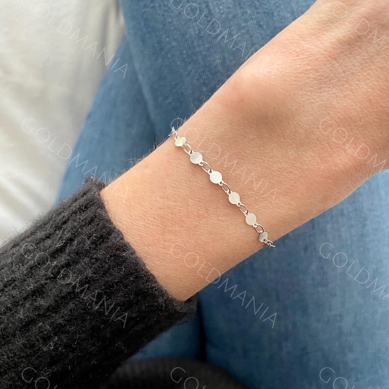 14K Solid White Gold Mirror Link Bracelet: 7 Inch 4mm Thick image 1