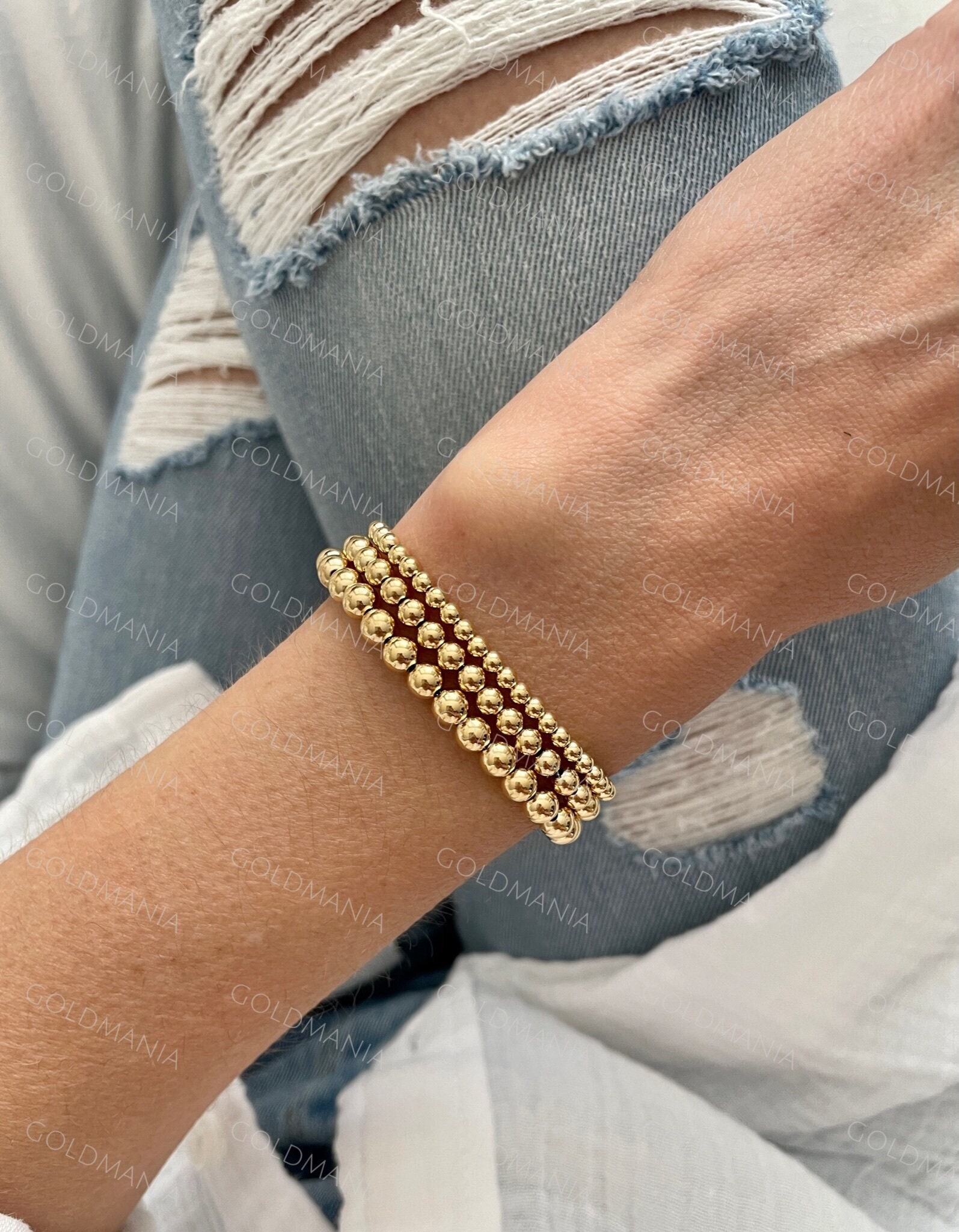 Bracelets - 18K Gold Beaded Ball 5.5” (Fits Up to A 5.25” Wrist Placement) / 5mm