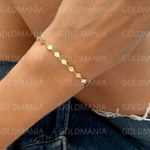 14K Yellow Gold Round Mirror Link Chain Bracelet, 7" Inch, 4mm Thick, Real Gold Bracelet, Disc Bracelet, Women