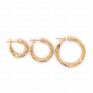 14K Gold Twisted Hoops,16 mm 21 mm 27 mm, 3mm Thick, Omega Back Closure, Real Gold Earrings For Women
