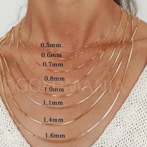 14K Solid Yellow Gold Box Chain Necklace for Women, 13&quot;–30&quot;, 0.5mm–1.6mm, Dainty, Minimalist, Thin Real Gold Jewelry, Perfect for Layering