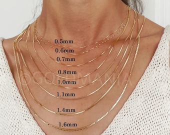 Naszyjnik z łańcuszkiem typu box chain wykonany z 14-karatowego żółtego złota dla kobiet, 13"–30", 0,5 mm–1,6 mm, delikatny, minimalistyczny, cienki, wykonany z prawdziwego złota, idealny do noszenia warstwowego