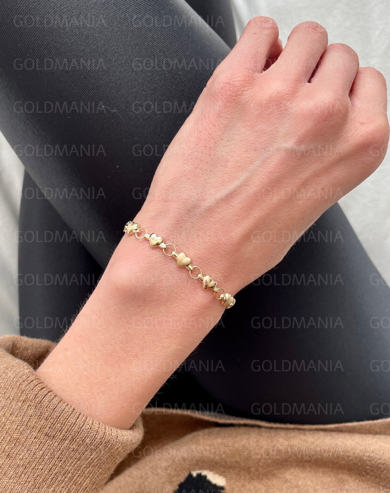 14K Yellow Gold Heart Link Bracelet 
