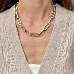 14K Gold Chunky Paperclip Chain Necklace, 10mm Link, 18 Inch