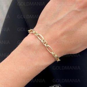 Double Link Bracelet, 14K Gold Bracelet, Oval Link Bracelet, Textured Link Bracelet, Real Gold Bracelet, Bracelet For Women, 7.5&quot; Inch