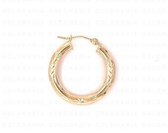 14K Yellow Gold Diamond Cut Hoop Earrings - 3mm Thick