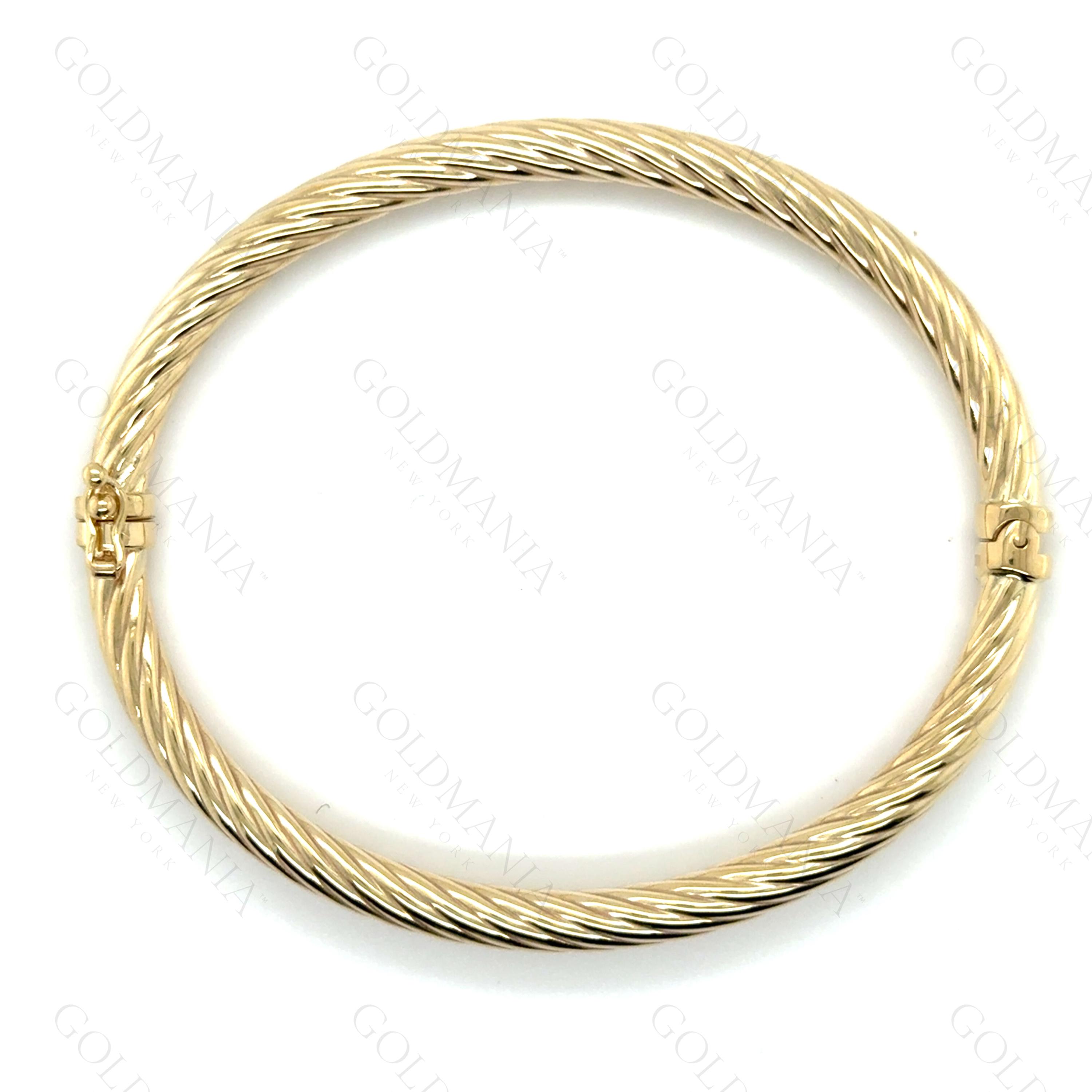 14K Yellow Gold Twisted Bangle Bracelet: 5mm Rope Design, Hinged