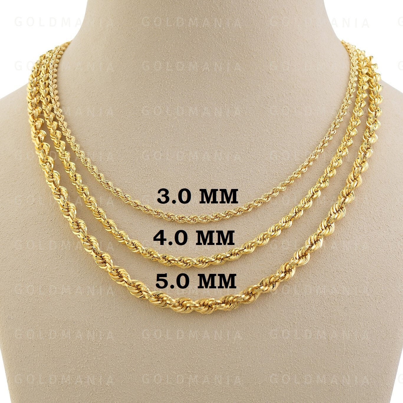 14k Solid Gold Rope Chain, 18 inch-22 inch