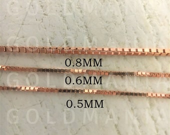 14K Solid Rose Gold Box Chain Necklace, 16" 17" 18" 20" 24" Inch, 0.5mm 0.6mm 0.8mm, Thin Gold Chain, Dainty Gold Chain, Real Gold Chain