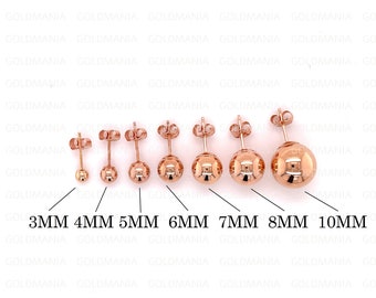 14K Rose Gold Ball Stud Earrings: 3mm-10mm Sizes