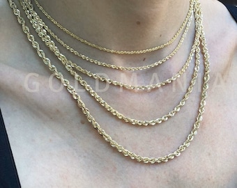 10K Solid Yellow Gold Diamond Cut Rope Chain Necklace: Women's Twist Chain (1.4mm-6mm Thick)