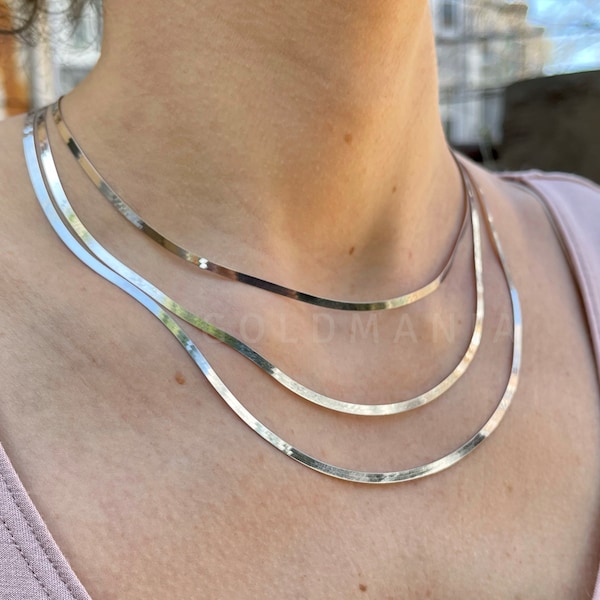 14K Solid White Gold Herringbone Necklace Chain, 16" 18" 20" Inch, 2.70mm, Real Gold Herringbone, Thin Gold Herringbone, Women Gold Chain