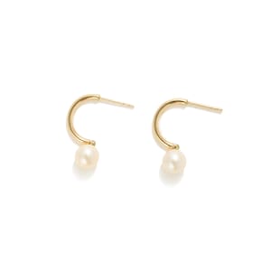 14K Gold Dangle Pearl Half Hoops, Real Gold Earrings For Women, 14K Pearl Earrings, Small Gold Hoops