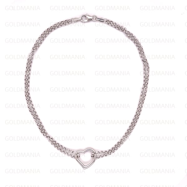 14K White Gold Heart Anklet: 10 Inch Real Gold Ankle Bracelet