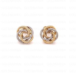 14K Two Tone Gold Textured Love Knot Stud Earring Set, Real Yellow White Gold, Women