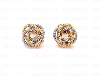 14K Two Tone Gold Textured Love Knot Stud Earring Set, Real Yellow White Gold, Women