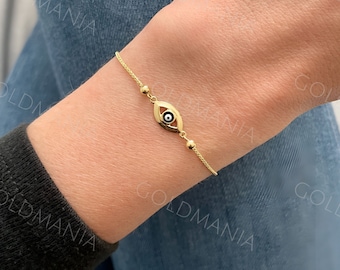 14K Yellow Gold Evil Eye Bracelet, 9.25" Adjustable, Real Gold Bracelet, Bolo Bracelet, Friendship Bracelet, Women