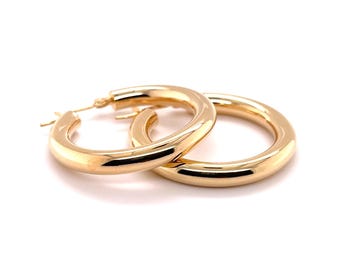 Pendientes de aro de oro amarillo de 14 quilates: aros de 4 mm de grosor, tamaño 25 mm, 30 mm o 40 mm.